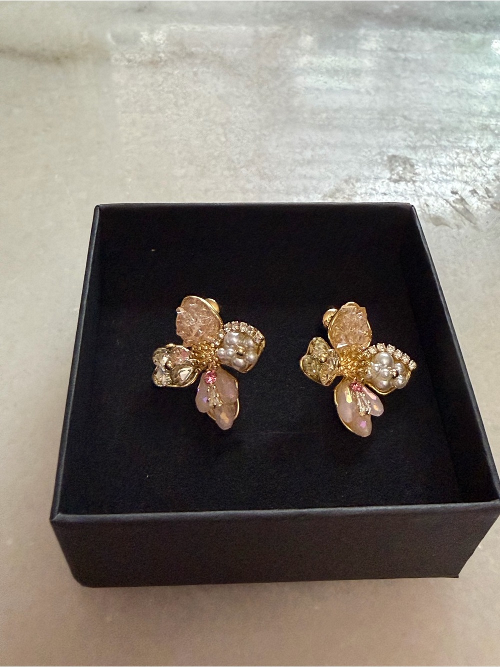 Gold-Tone Pink Crystal & Pearl Floral Clip-On Earrings